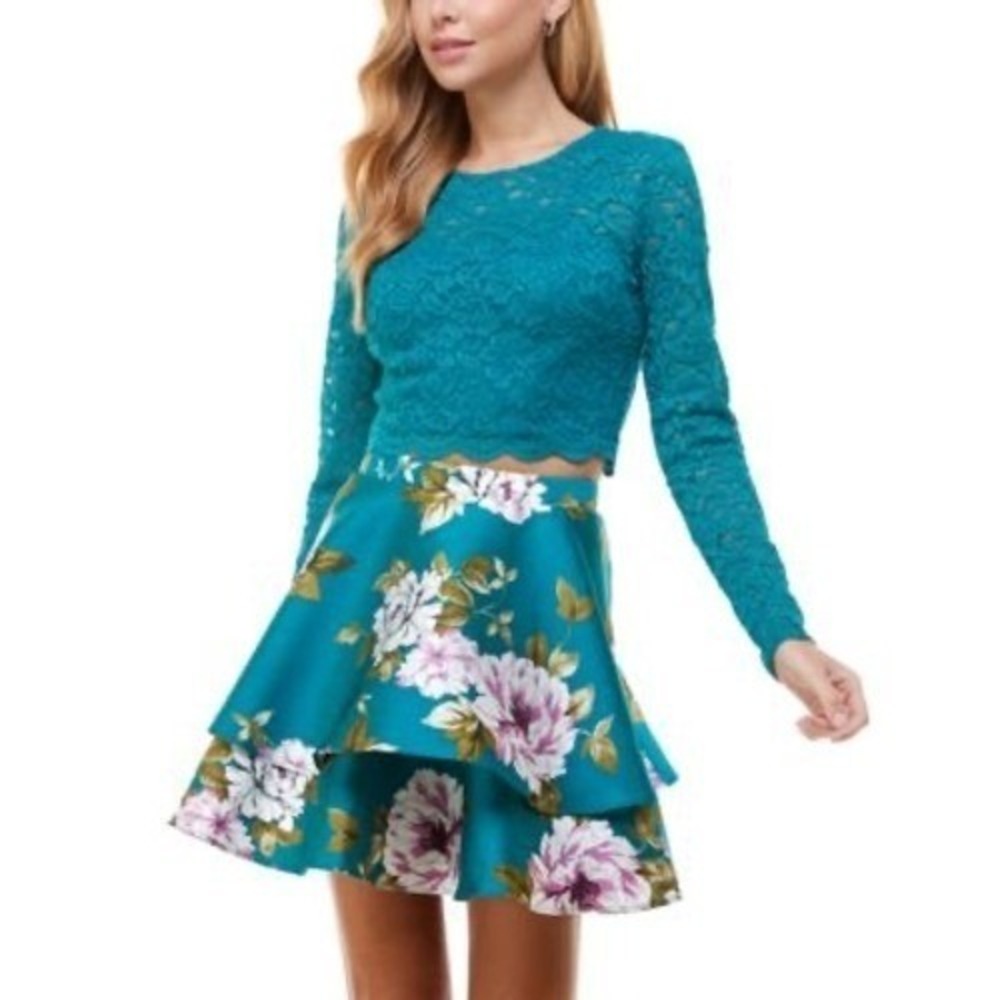 City Studio Floral Layered Tiered Mini Skirt Girls Sz Teal Blue Purple Summer